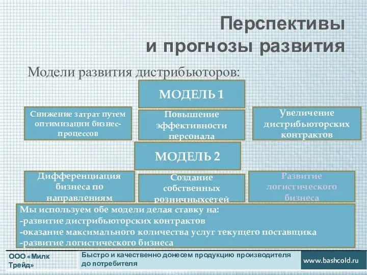 Перспективы и прогнозы развития Модели развития дистрибьюторов: МОДЕЛЬ 1 Снижение затрат путем