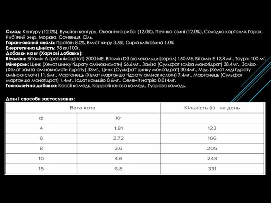 Склад: Кенгуру (12.0%), Бульйон кенгуру, Океанічна риба (12.0%), Печінка свині (12.0%), Солодка