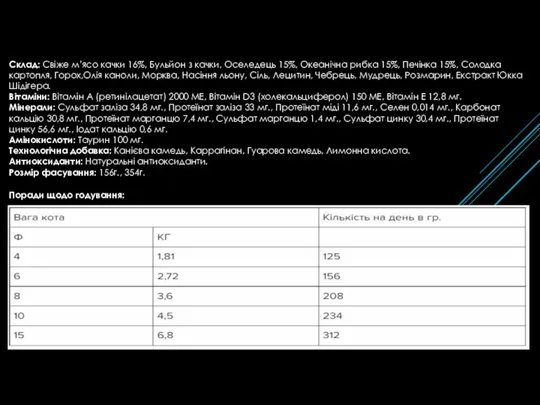 Поради щодо годування: Склад: Свіже м’ясо качки 16%, Бульйон з качки, Оселедець