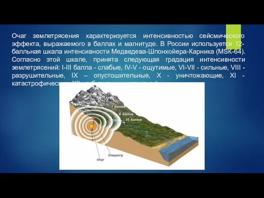 Очаг землетрясения характеризуется интенсивностью сейсмического эффекта, выражаемого в баллах и магнитуде. В