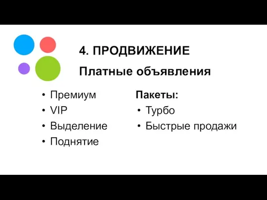 4. ПРОДВИЖЕНИЕ Платные объявления Премиум VIP Выделение Поднятие Пакеты: Турбо Быстрые продажи