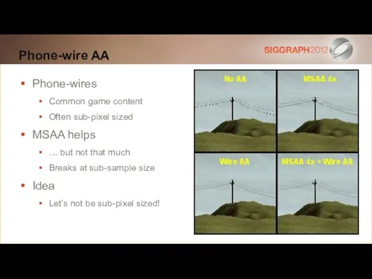 Phone-wire AA Phone-wires Common game content Often sub-pixel sized MSAA helps …