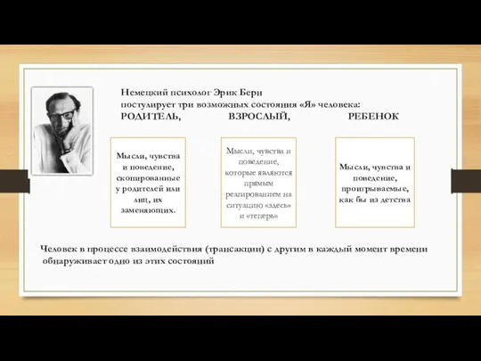 Немецкий психолог Эрик Берн постулирует три возможных состояния «Я» человека: РОДИТЕЛЬ, ВЗРОСЛЫЙ,