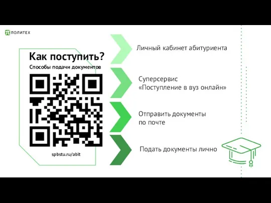 Как поступить? spbstu.ru/abit Личный кабинет абитуриента Суперсервис «Поступление в вуз онлайн» Отправить
