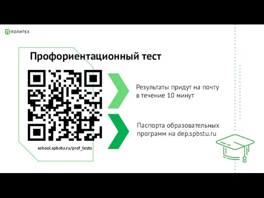 Профориентационный тест school.spbstu.ru/prof_tests Результаты придут на почту в течение 10 минут Паспорта образовательных программ на dep.spbstu.ru