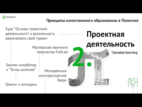 2. Проектная деятельность Мастерская научного творчества FabLab *blended learning Бизнес-инкубатор и “Точка