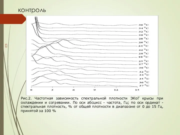 контроль Рис.2. Частотная зависимость спектральной плотности ЭКоГ крысы при охлаждении и согревании.