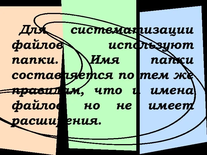 Для систематизации файлов используют папки. Имя папки составляется по тем же правилам,