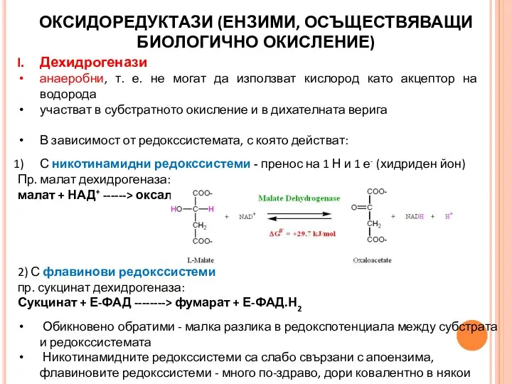 ОКСИДОРЕДУКТАЗИ (ЕНЗИМИ, ОСЪЩЕСТВЯВАЩИ БИОЛОГИЧНО ОКИСЛЕНИЕ) Дехидрогенази анаеробни, т. е. не могат да