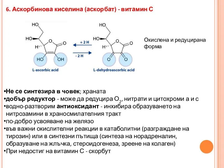 6. Аскорбинова киселина (аскорбат) - витамин С Не се синтезира в човек;