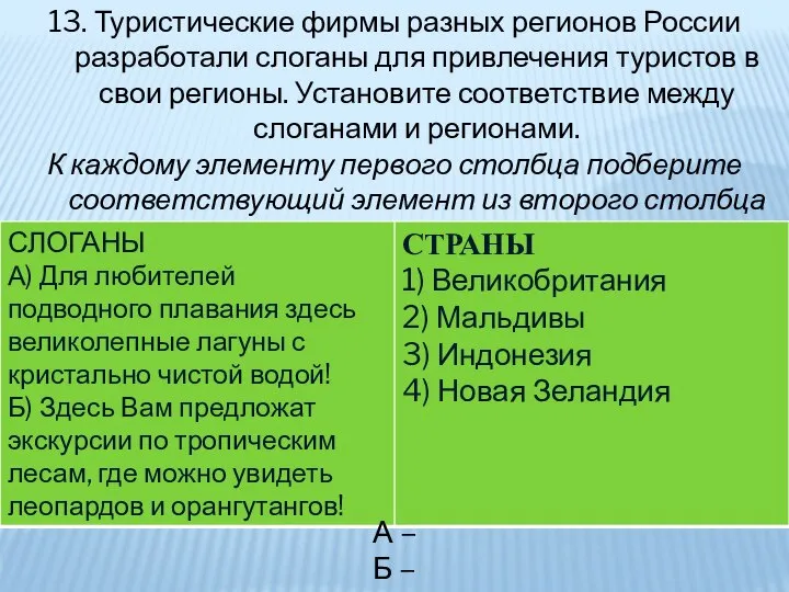 13. Туристические фирмы разных регионов России разработали слоганы для привлечения туристов в