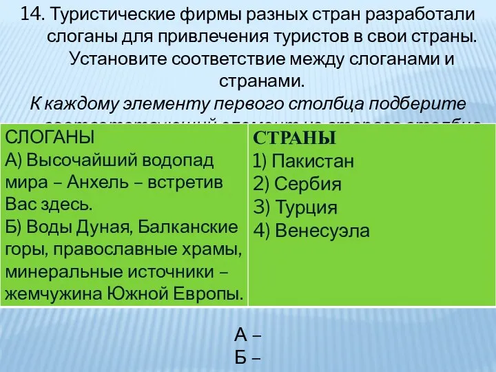 14. Туристические фирмы разных стран разработали слоганы для привлечения туристов в свои