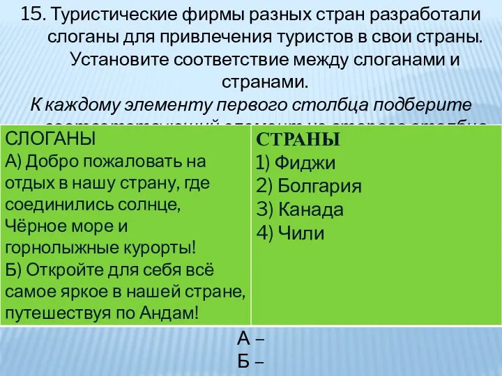 15. Туристические фирмы разных стран разработали слоганы для привлечения туристов в свои