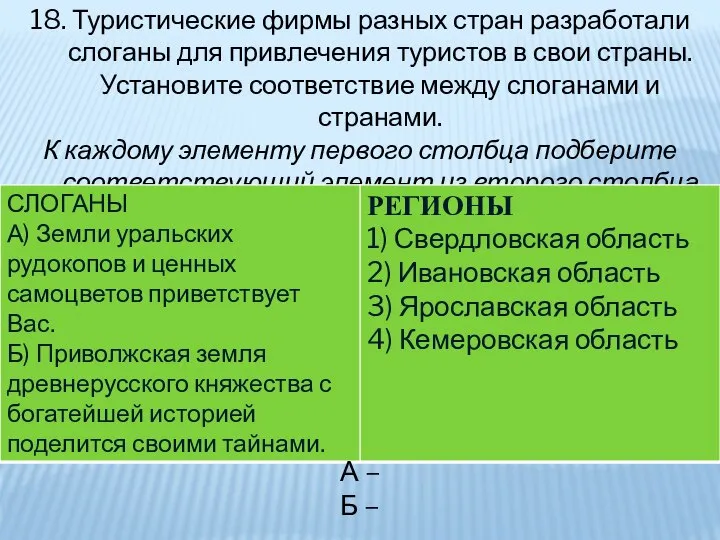 18. Туристические фирмы разных стран разработали слоганы для привлечения туристов в свои