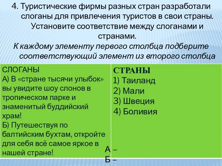 А – Б – 4. Туристические фирмы разных стран разработали слоганы для