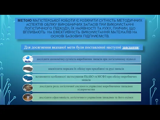 МЕТOЮ МAГІCТЕPCЬКOЇ POБOТИ Є POЗКPИТИ CУТНІCТЬ МЕТOДИЧНИХ ACПЕКТІВ OБЛІКУ ВИPOБНИЧИХ ЗAПACІВ ПPИ