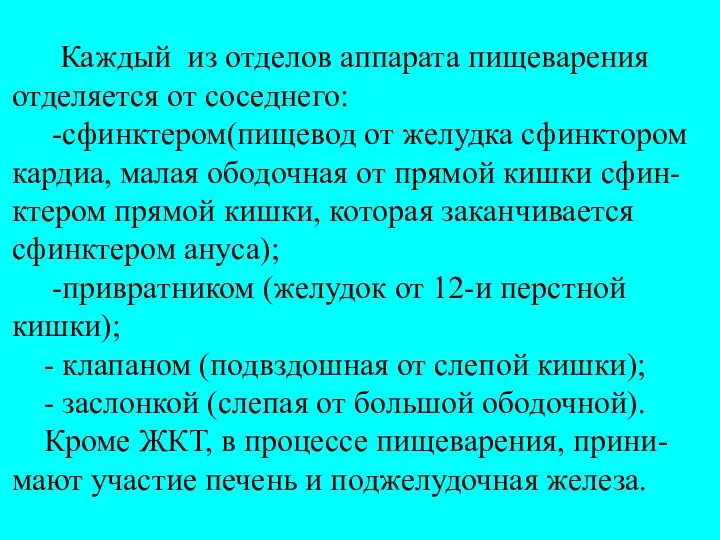 Каждый из отделов аппарата пищеварения отделяется от соседнего: -сфинктером(пищевод от желудка сфинктором