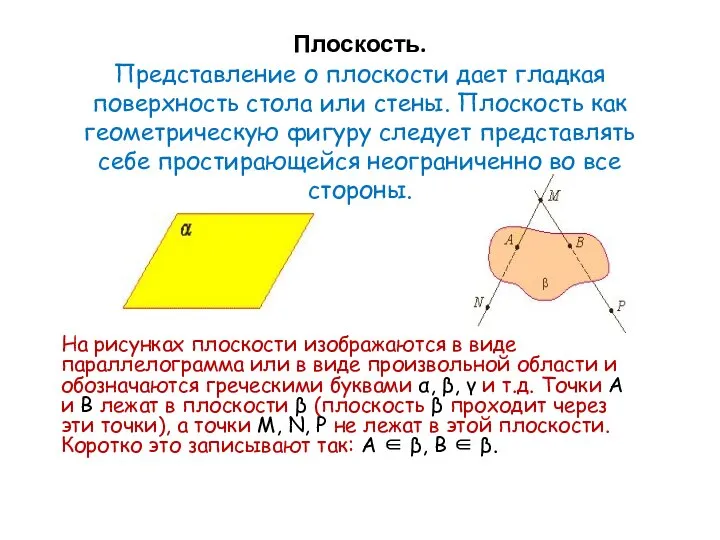 Плоскость. Представление о плоскости дает гладкая поверхность стола или стены. Плоскость как