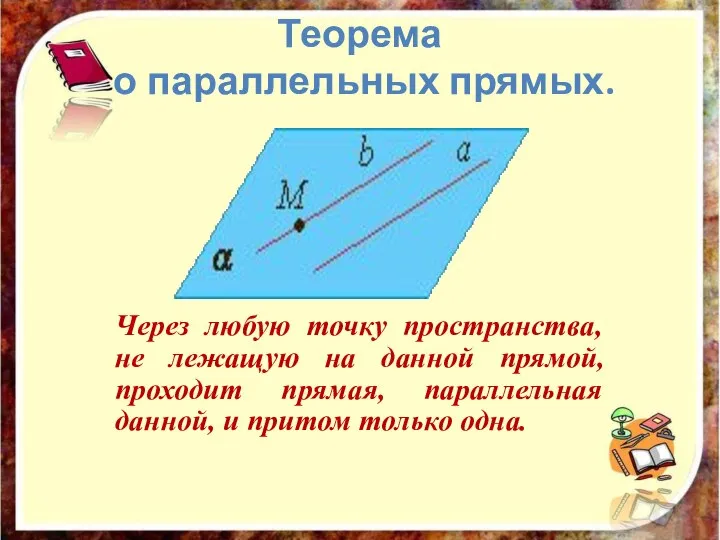 Теорема о параллельных прямых. Через любую точку пространства, не лежащую на данной