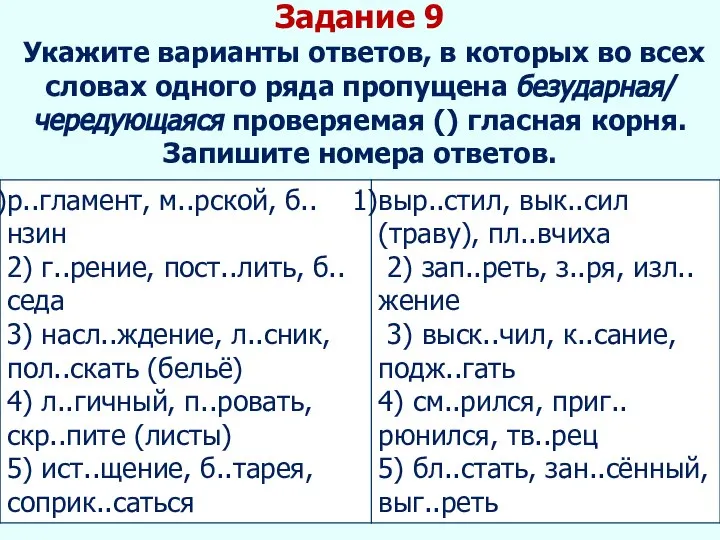 Задание 9 Укажите варианты ответов, в которых во всех словах одного ряда