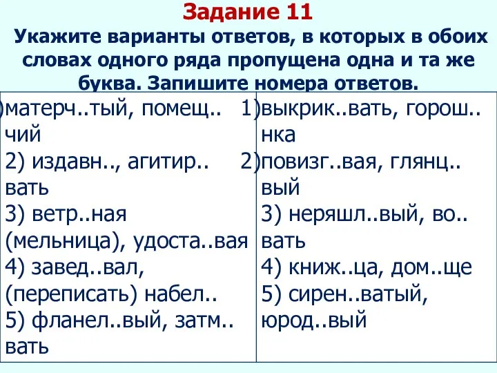 Задание 11 Укажите варианты ответов, в которых в обоих словах одного ряда