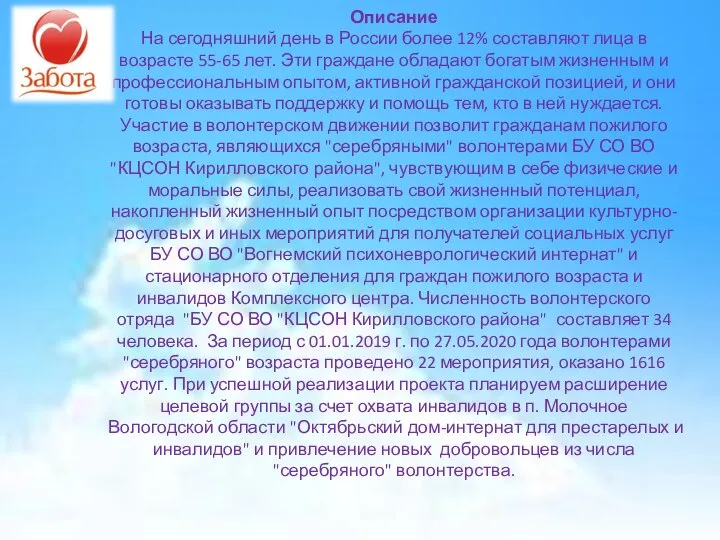 Описание На сегодняшний день в России более 12% составляют лица в возрасте