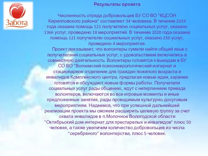 Результаты проекта Численность отряда добровольцев БУ СО ВО "КЦСОН Кирилловского района" составляет