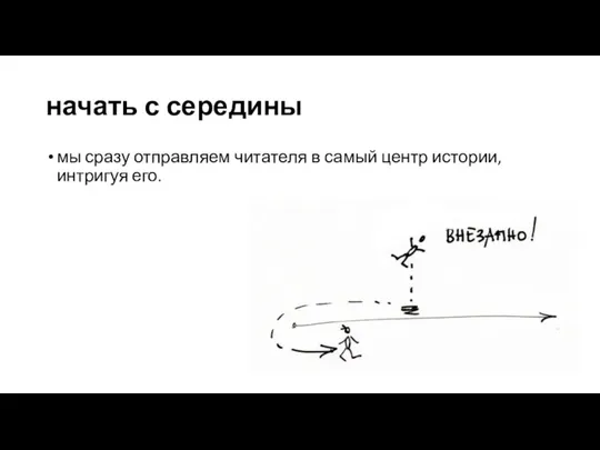 начать с середины мы сразу отправляем читателя в самый центр истории, интригуя его.