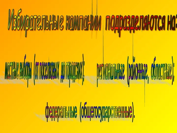 Избирательные кампании подразделяются на: местные выборы (от поселковых до городских); региональные (районные, областные); федеральные (общегосударственные).