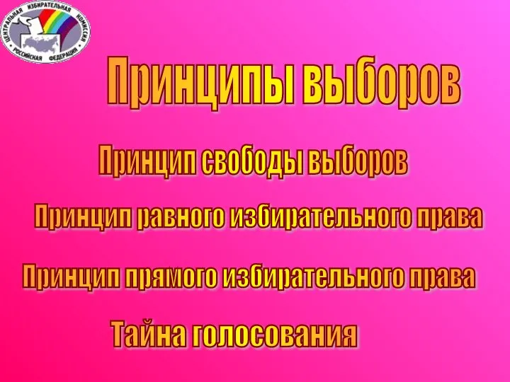 Принципы выборов Принцип свободы выборов Принцип равного избирательного права Принцип прямого избирательного права Тайна голосования