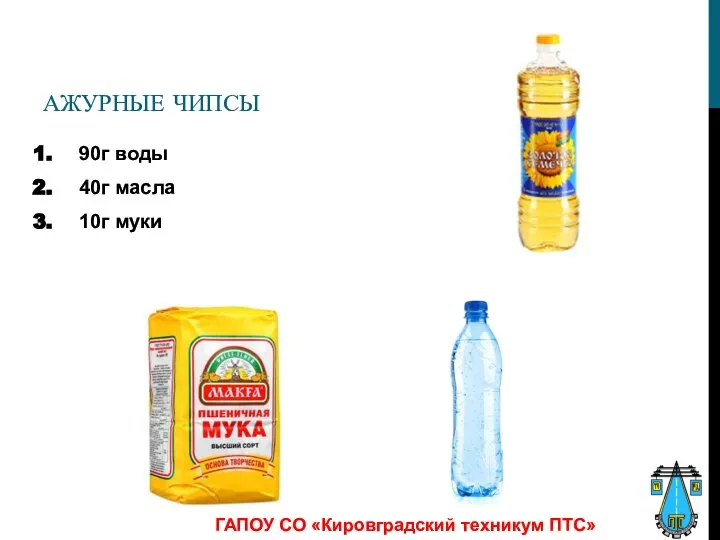 АЖУРНЫЕ ЧИПСЫ 90г воды 40г масла 10г муки ГАПОУ СО «Кировградский техникум ПТС»