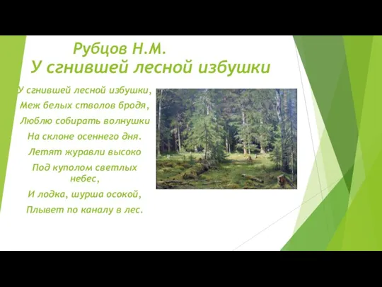 У сгнившей лесной избушки У сгнившей лесной избушки, Меж белых стволов бродя,