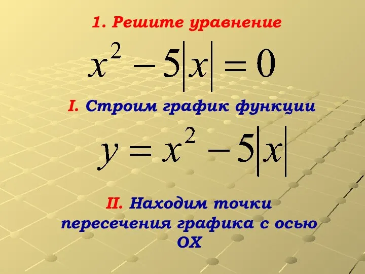 I. Строим график функции II. Находим точки пересечения графика с осью ОХ 1. Решите уравнение
