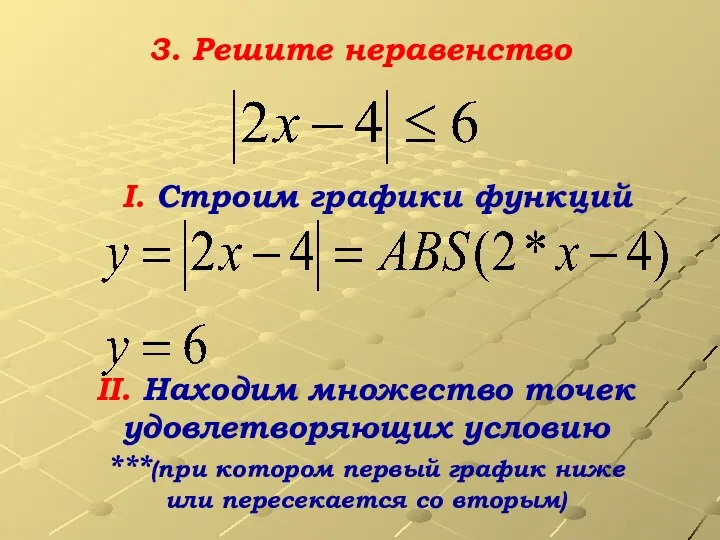 I. Строим графики функций II. Находим множество точек удовлетворяющих условию ***(при котором