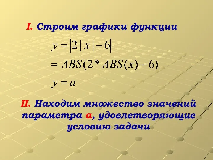 I. Строим графики функции II. Находим множество значений параметра а, удовлетворяющие условию задачи