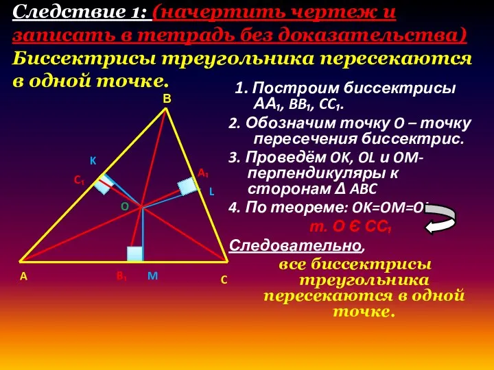 Следствие 1: (начертить чертеж и записать в тетрадь без доказательства) Биссектрисы треугольника