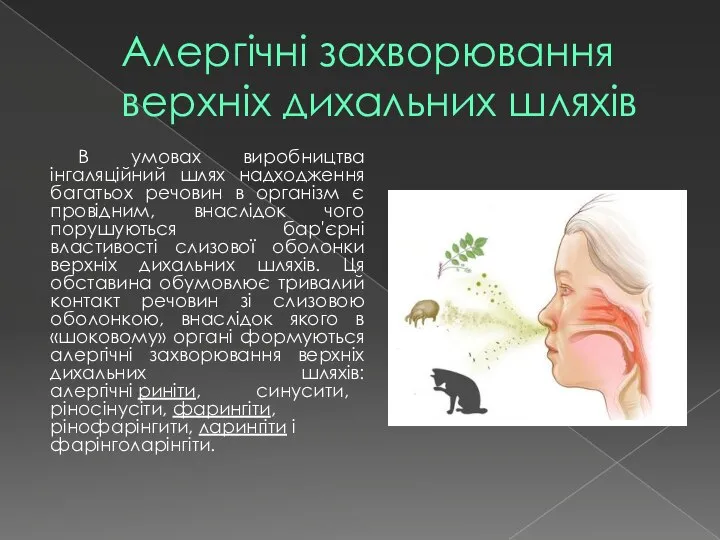 Алергічні захворювання верхніх дихальних шляхів В умовах виробництва інгаляційний шлях надходження багатьох