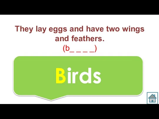 They lay eggs and have two wings and feathers. (b_ _ _ _) Birds
