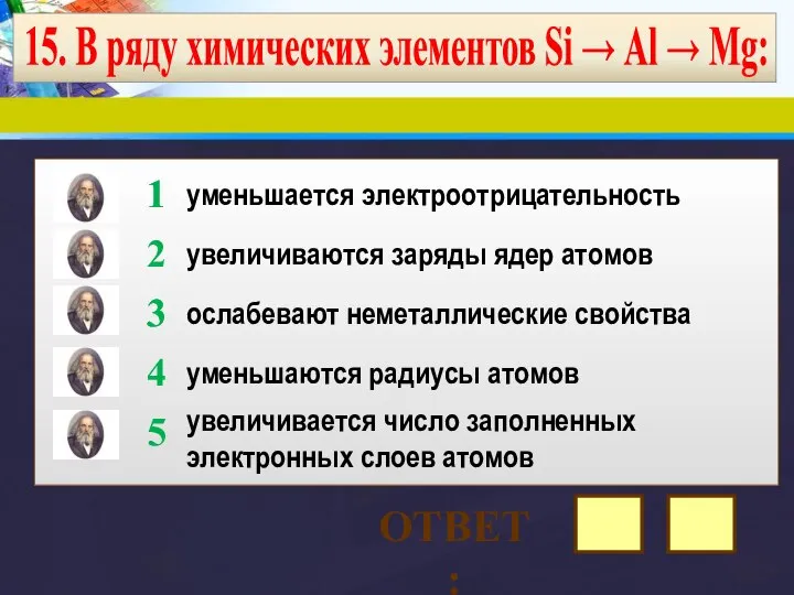 15. В ряду химических элементов Si → Аl → Мg: уменьшается электроотрицательность