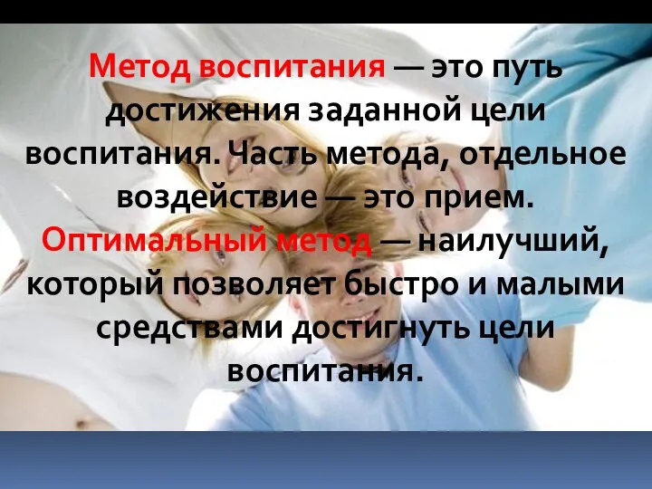 Метод воспитания — это путь достижения заданной цели воспитания. Часть метода, отдельное