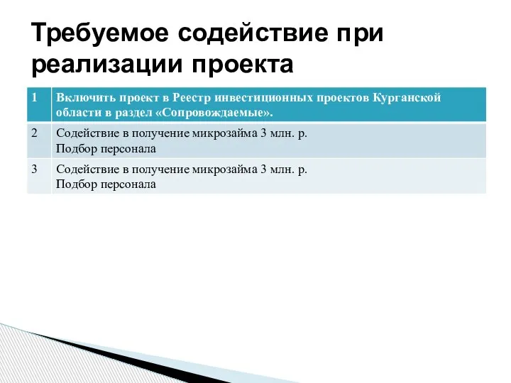 Требуемое содействие при реализации проекта