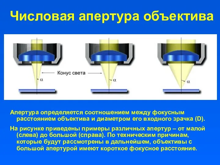 Числовая апертура объектива Апертура определяется соотношением между фокусным расстоянием объектива и диаметром