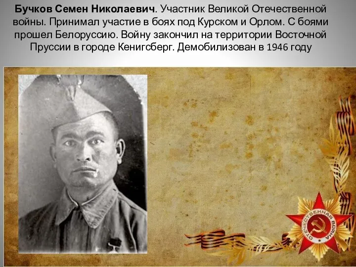 Бучков Семен Николаевич. Участник Великой Отечественной войны. Принимал участие в боях под