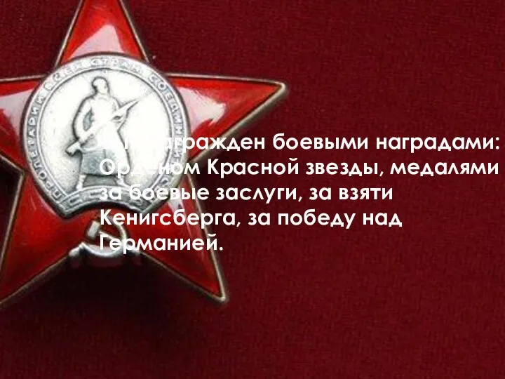 Был награжден боевыми наградами: Орденом Красной звезды, медалями за боевые заслуги, за