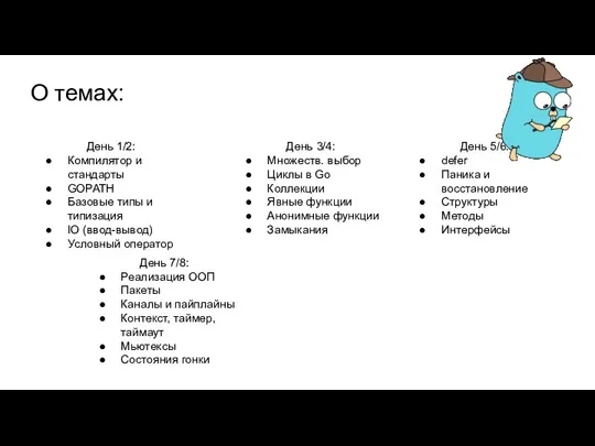 О темах: День 1/2: Компилятор и стандарты GOPATH Базовые типы и типизация