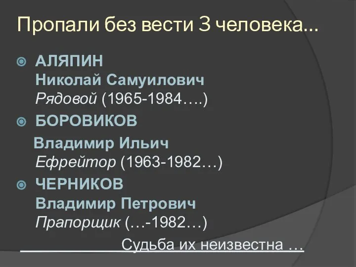 Пропали без вести 3 человека… АЛЯПИН Николай Самуилович Рядовой (1965-1984….) БОРОВИКОВ Владимир