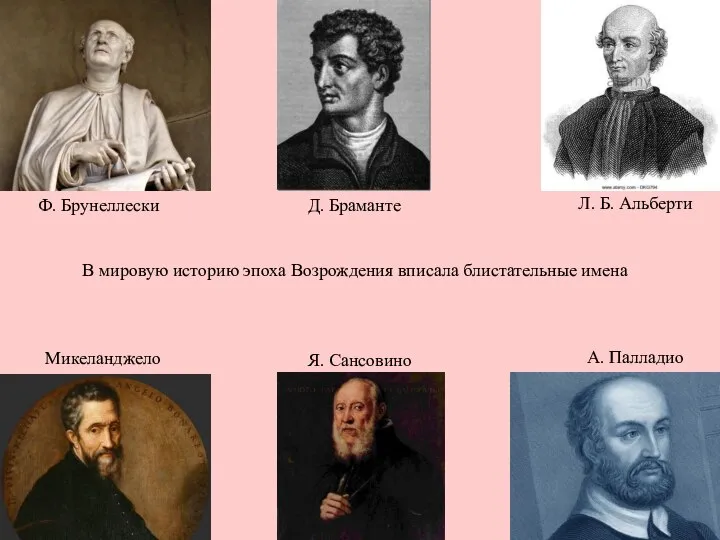 Ф. Брунеллески Л. Б. Альберти Д. Браманте Микеланджело Я. Сансовино А. Палладио