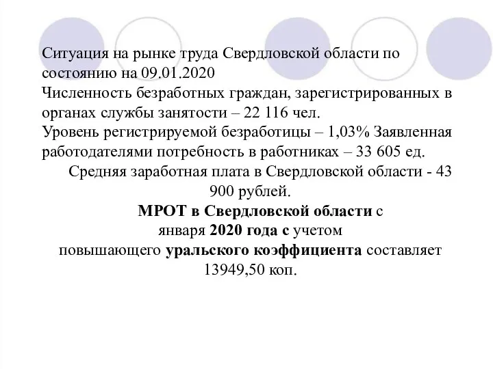 Ситуация на рынке труда Свердловской области по состоянию на 09.01.2020 Численность безработных