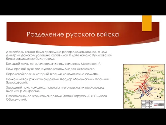 Разделение русского войска Для победы важно было правильно распределить воинов, с чем