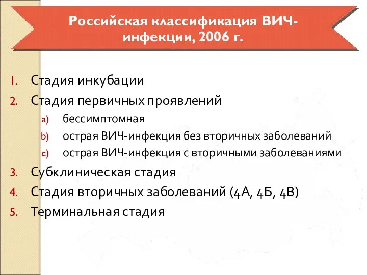 Стадия инкубации Стадия первичных проявлений бессимптомная острая ВИЧ-инфекция без вторичных заболеваний острая